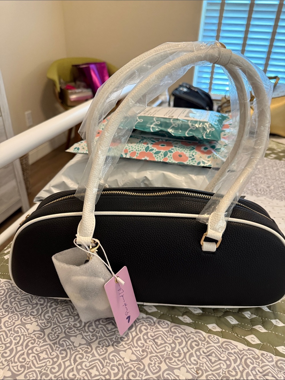 Purple & Lilac Black/White Trim Shoulder Bag w/Flower Charm & 2 Inside Pockets